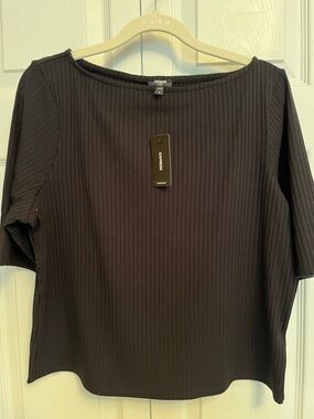 Express Black Ribbed Boatneck Short-Sleeve Top